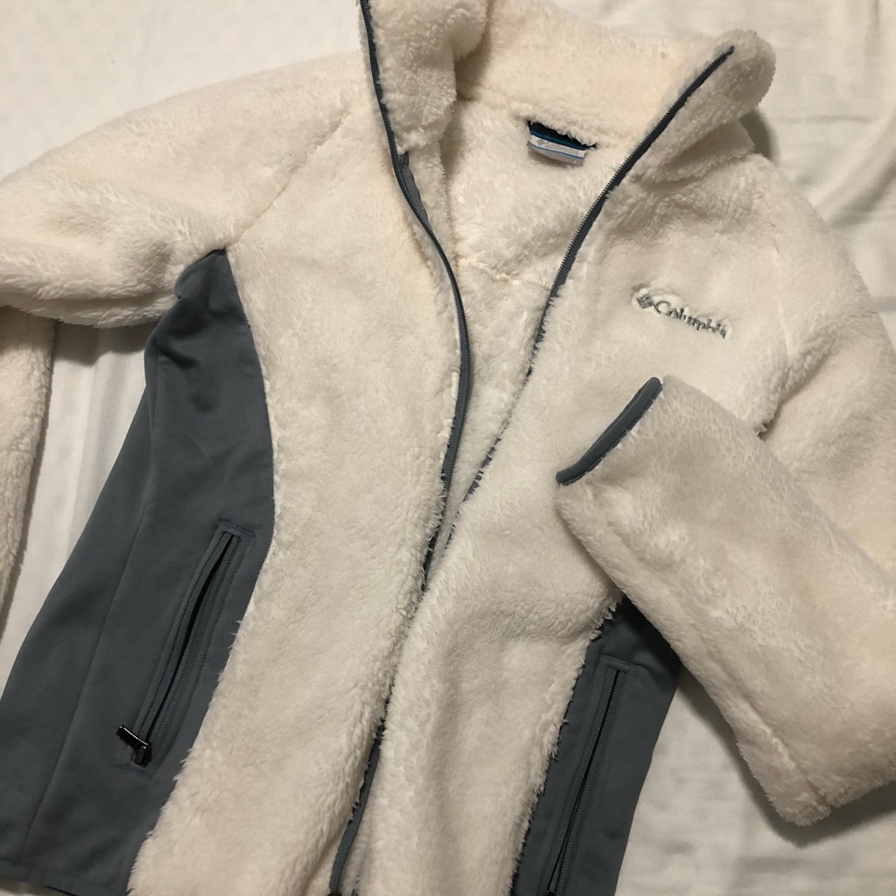 Columbia furry white & grey jacket! SO COMFY!